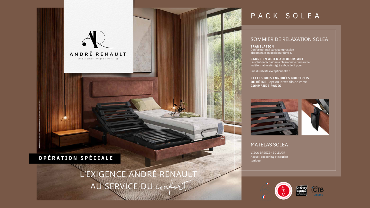 literie de relaxation électrique André Renault 2*80-200cm pack Solea avec matelas